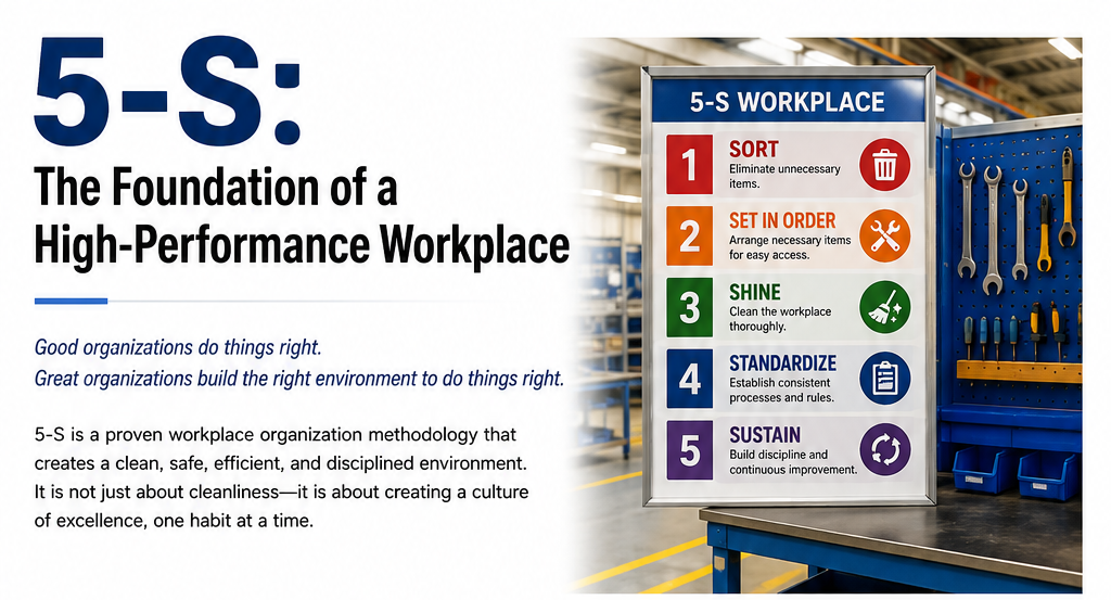 5S methodology visual showing Sort, Set in Order, Shine, Standardize, and Sustain in an organized workplace.