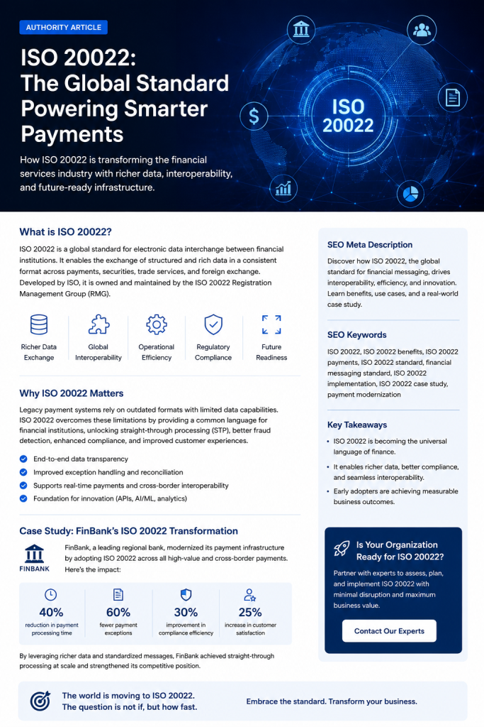 ISO 20022 digital payment network connecting banks, customers, compliance data, and financial systems through structured messaging.