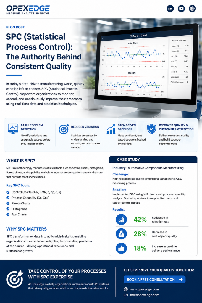 SPC Statistical Process Control dashboard showing control charts, process variation, quality monitoring, and improvement results.