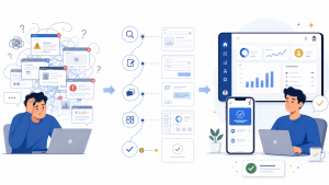A clean illustration showing a user journey from “confusion” to “simple digital experience,” with screens, icons, and customer touchpoints.