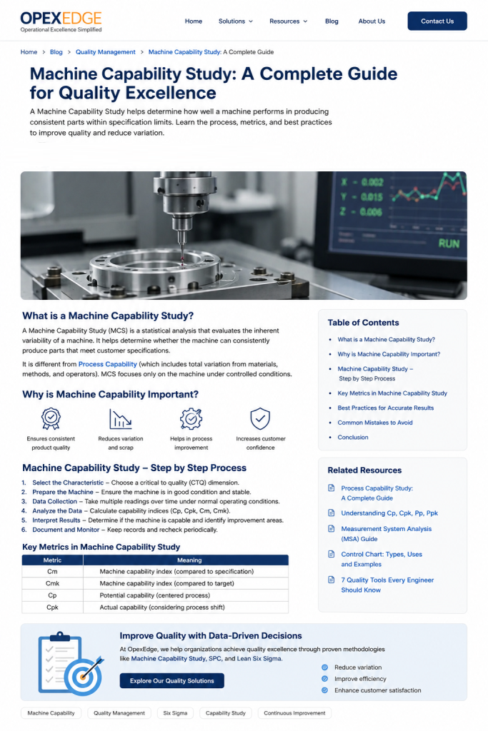 Machine capability study showing CNC machine inspection, dimensional measurement, and capability chart for quality control.