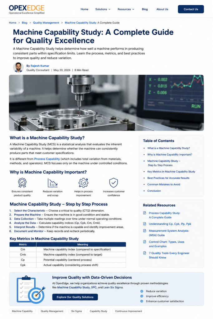Machine capability study showing CNC machine inspection, dimensional measurement, and capability chart for quality control.
