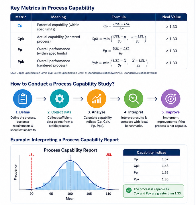Learn how a process capability study helps organizations measure whether a stable process can consistently meet customer specifications using Cp, Cpk, Pp and Ppk.