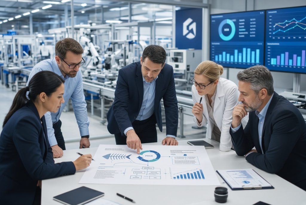Manufacturing team conducting an A3 Problem Solving session using Root Cause Analysis, Fishbone Diagram, 5 Whys, and digital operational performance dashboards.