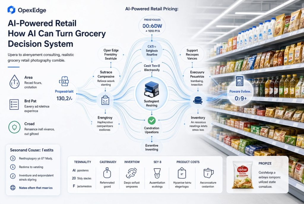 AI-powered supermarket pricing command center showing thousands of products, demand curves, competitor prices, KVI alerts, inventory levels and AI-generated price recommendations.