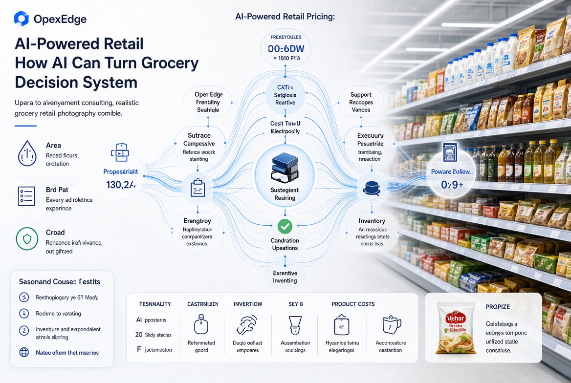 AI-powered supermarket pricing command center showing thousands of products, demand curves, competitor prices, KVI alerts, inventory levels and AI-generated price recommendations.