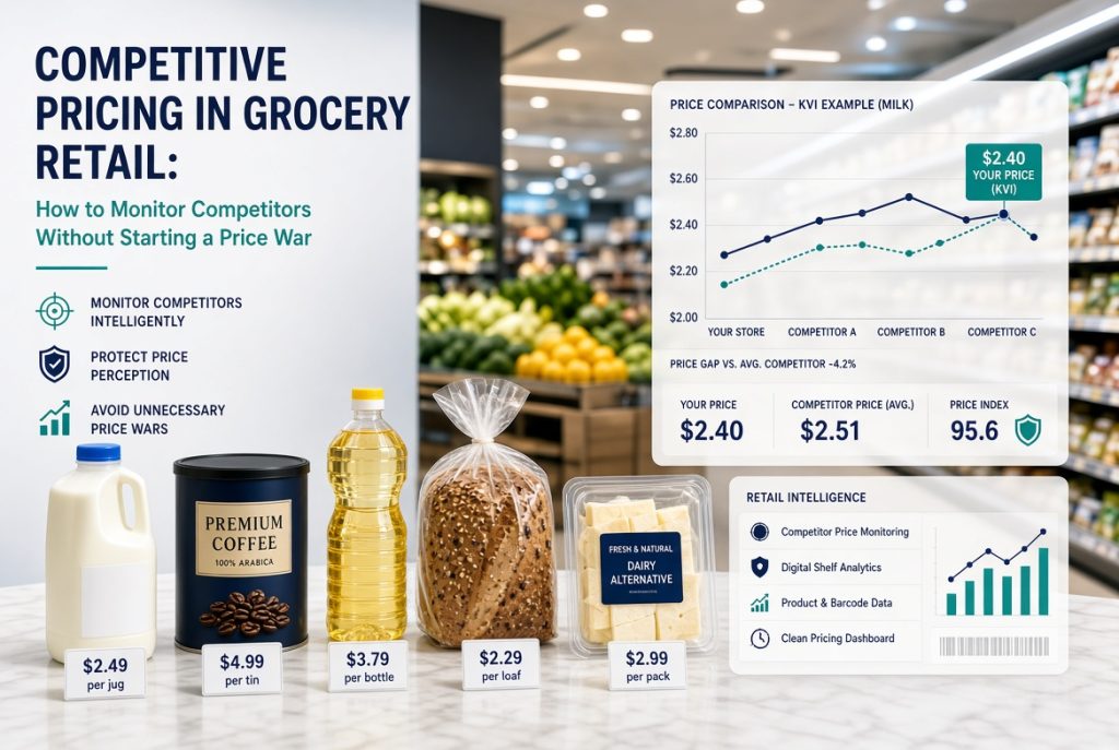 Competitive pricing in grocery retail showing competitor prices, KVI price index, price intelligence and margin optimization