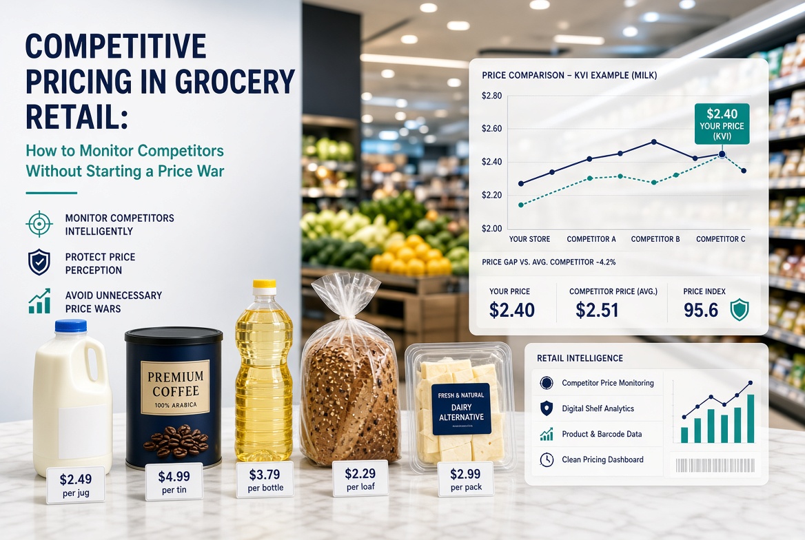 Competitive pricing in grocery retail showing competitor prices, KVI price index, price intelligence and margin optimization