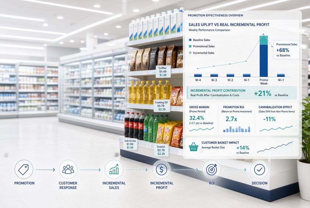Promotion effectiveness in grocery retail showing incremental sales, promotion ROI, customer response and profit optimization