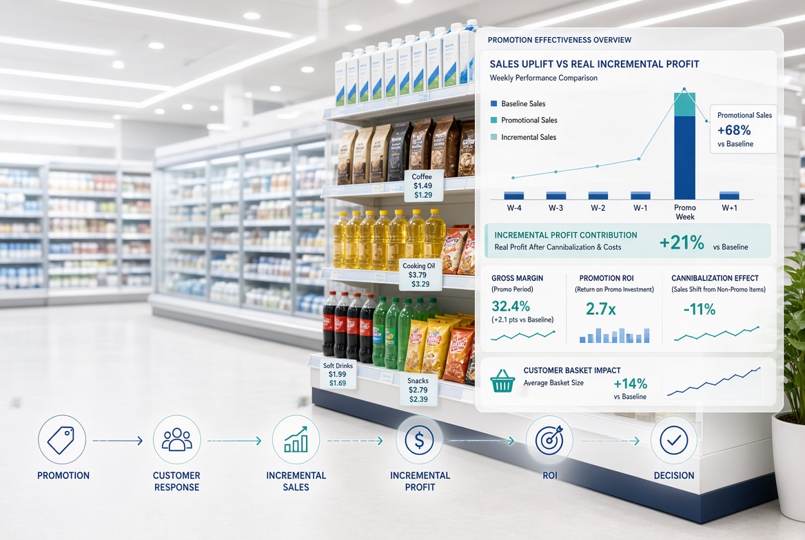 Promotion effectiveness in grocery retail showing incremental sales, promotion ROI, customer response and profit optimization