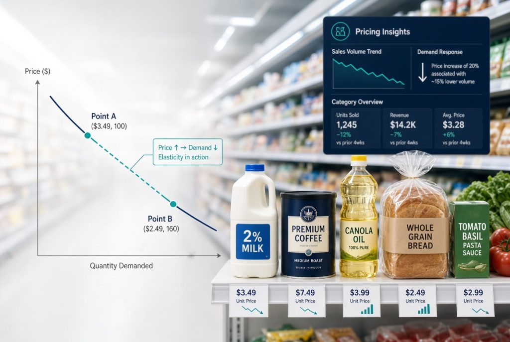 Grocery price elasticity showing the relationship between price changes, customer demand and retail profit