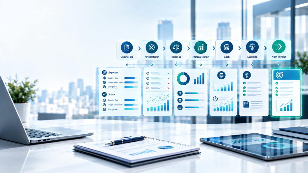 Bid-to-actual tender analysis comparing expected and actual profit, margin, cost and cash performance