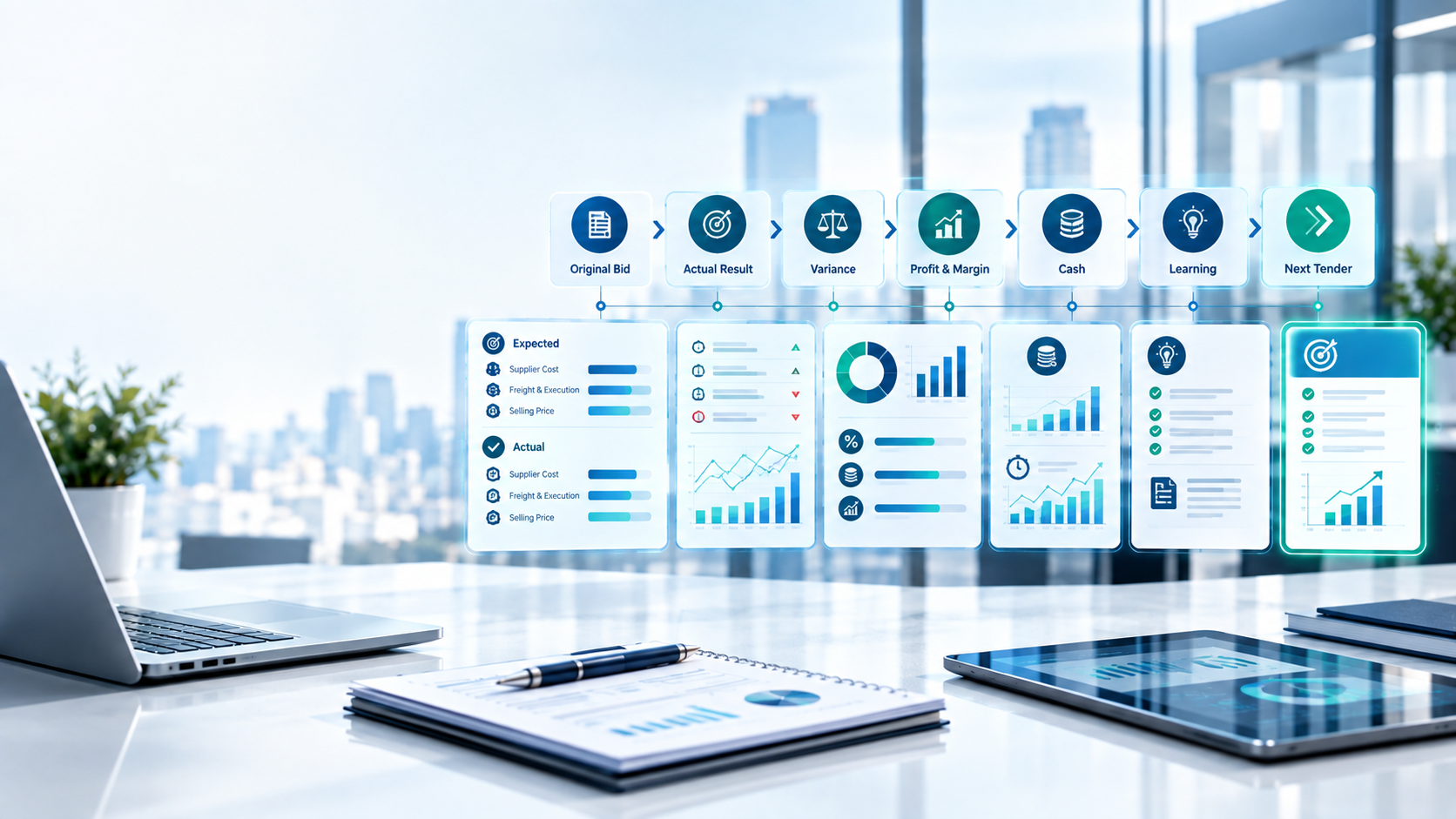Bid-to-actual tender analysis comparing expected and actual profit, margin, cost and cash performance