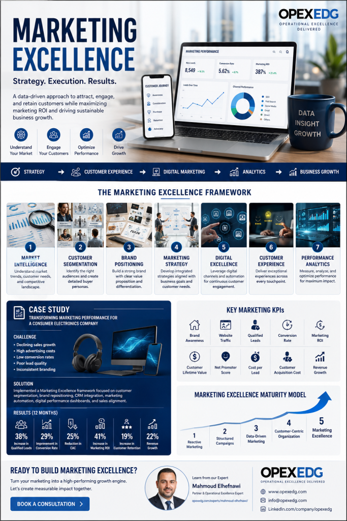 Marketing Excellence framework showing customer journey, digital marketing, branding, analytics, KPI dashboard, and revenue growth strategy.