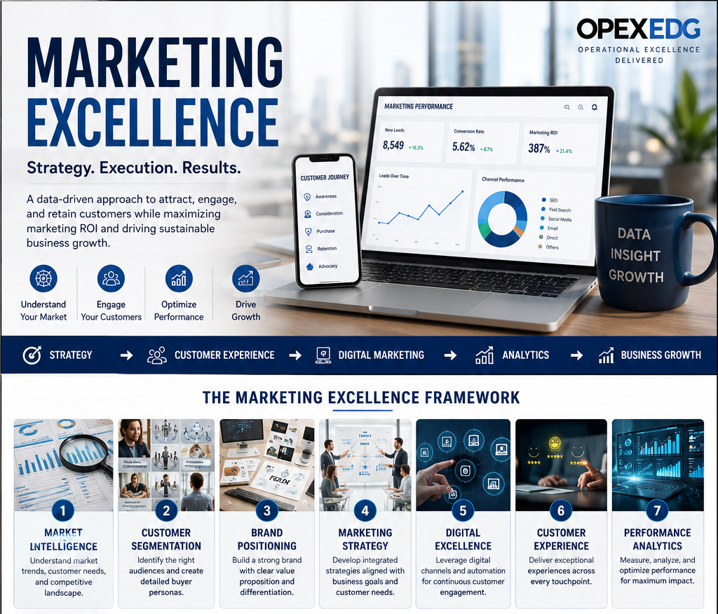 Marketing Excellence framework showing customer journey, digital marketing, branding, analytics, KPI dashboard, and revenue growth strategy.