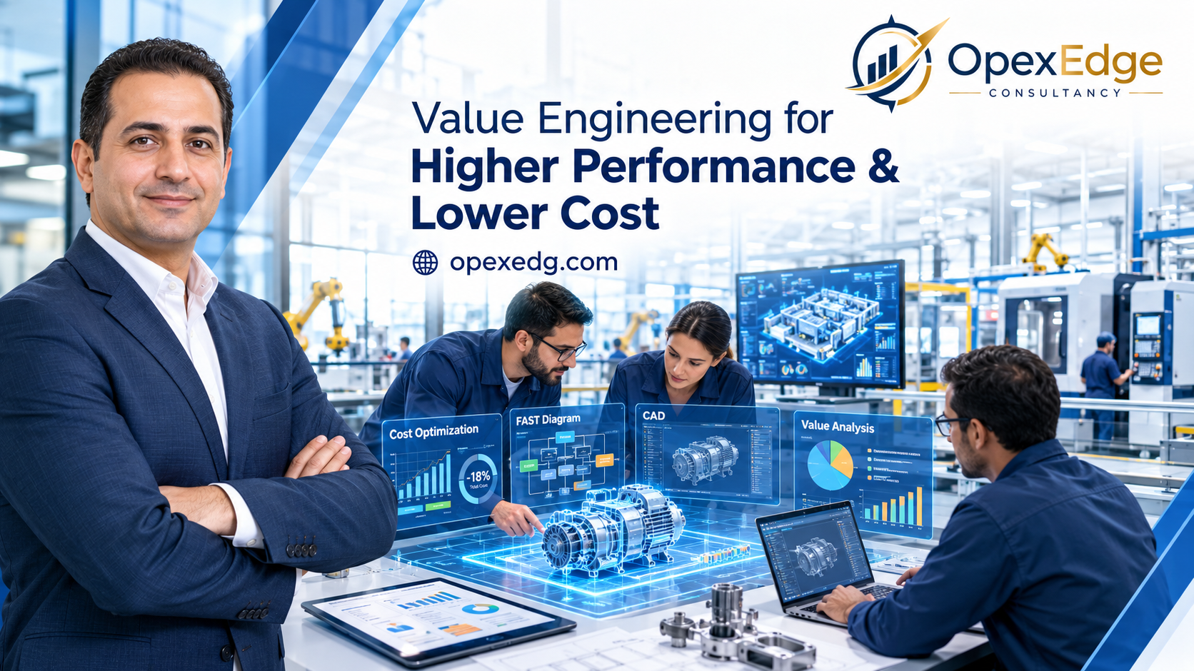 Modern Value Engineering workshop showing engineers analyzing product functions, cost optimization opportunities, manufacturing processes, and digital performance dashboards.