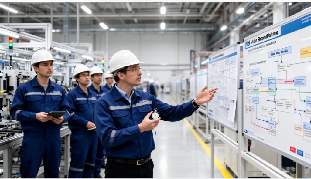 Engineers and production teams applying Kaizen continuous improvement in a modern factory. Place beneath the article title. Use a professional blue-and-white corporate style consistent with OpexEdg branding.