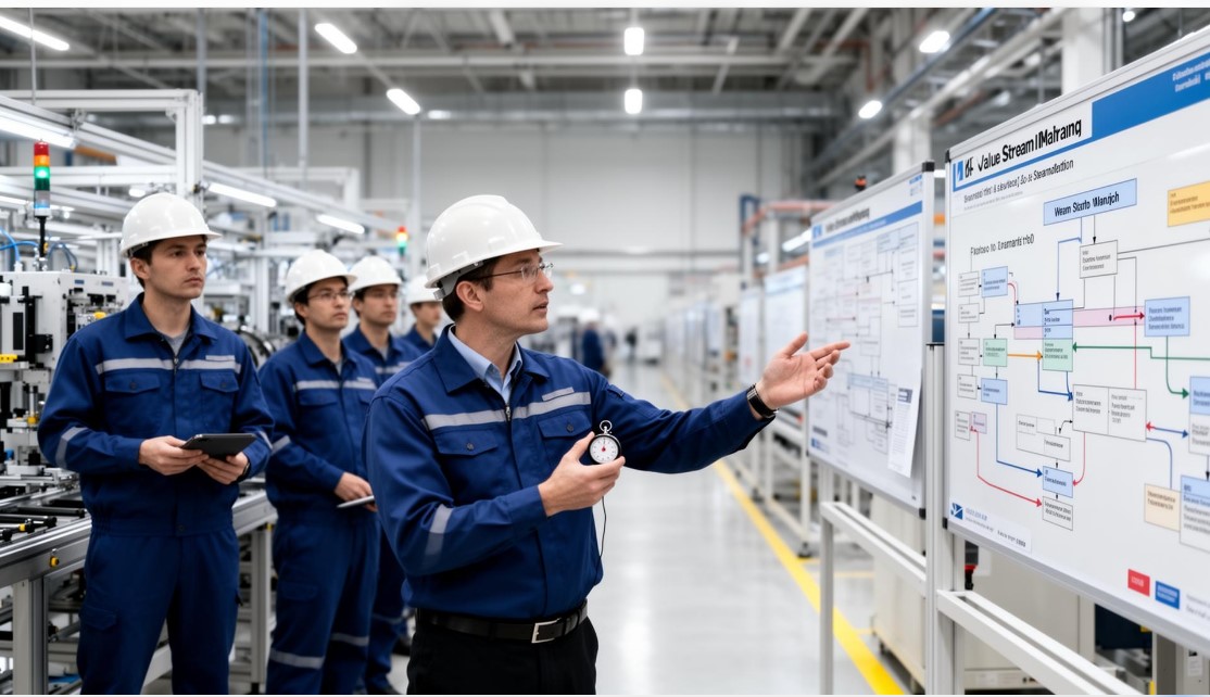 Engineers and production teams applying Kaizen continuous improvement in a modern factory. Place beneath the article title. Use a professional blue-and-white corporate style consistent with OpexEdg branding.